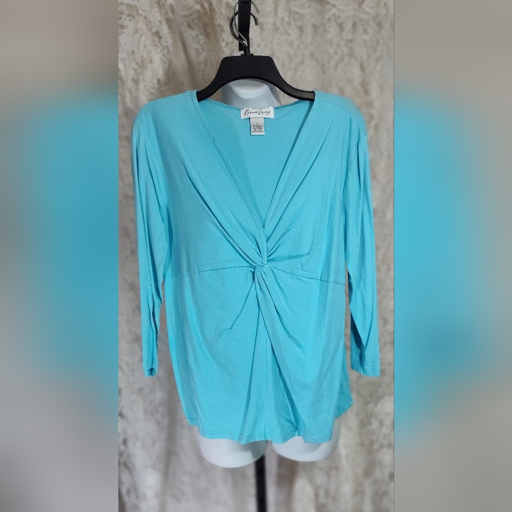 Casual Living Blue 3/4 Sleeve Tie Front Blouse NWOT